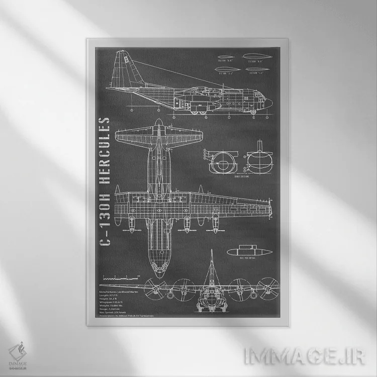 تابلو هواپیمای هرکولس C-130 (مشکی) اثر اکشن بلوپرینتس (نقشههای اکشن) - نمای قابدار سفید