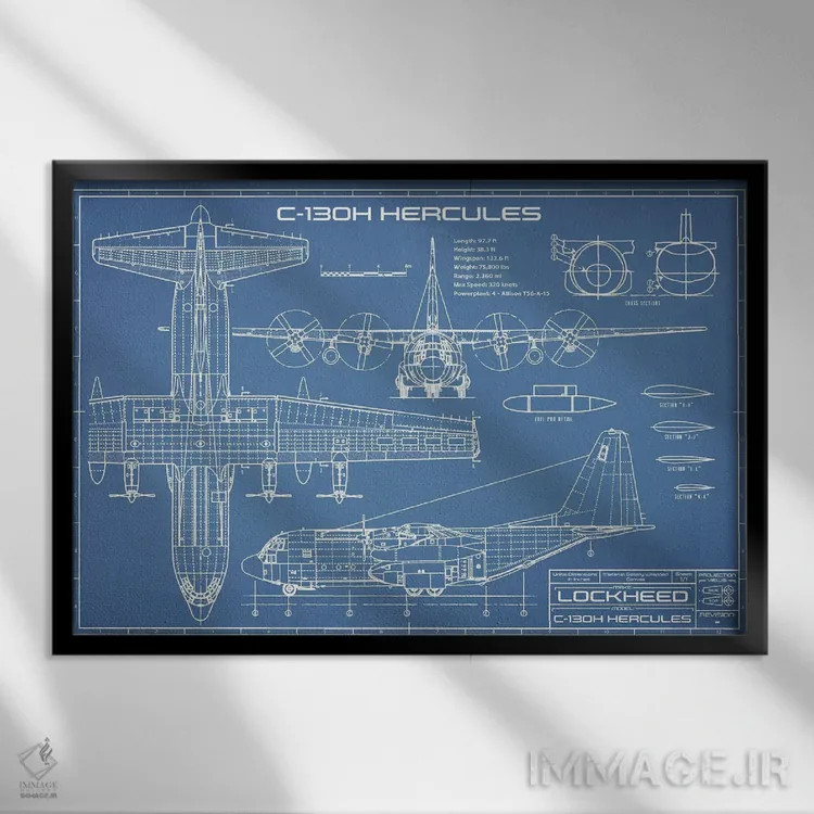 تابلو نقشهٔ هواپیمای هرکولس C-130 اثر اکشن بلوپرینتس (نقشههای اکشن) - نمای قابدار مشکی