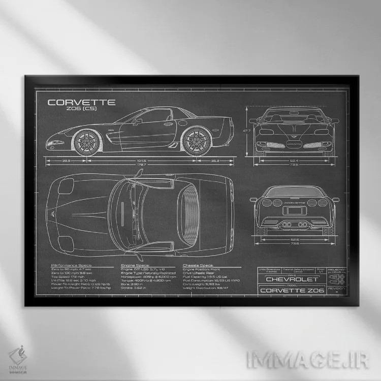 تابلو کوروت Z06 (C5) مشکی اثر اکشن بلوپرینتس (نقشههای اکشن) - نمای قابدار مشکی
