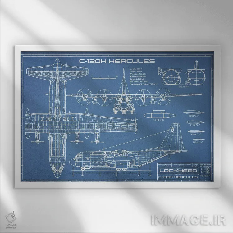 تابلو نقشهٔ هواپیمای هرکولس C-130 اثر اکشن بلوپرینتس (نقشههای اکشن) - نمای قابدار سفید