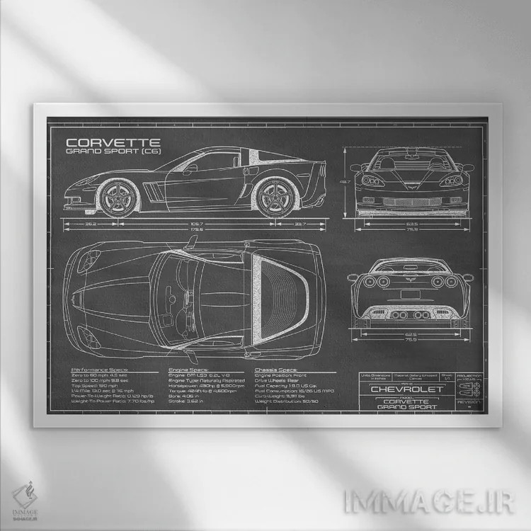 تابلو کوروت گرند اسپرت (C6) مشکی اثر اکشن بلوپرینتس (نقشههای اکشن) - نمای قابدار سفید