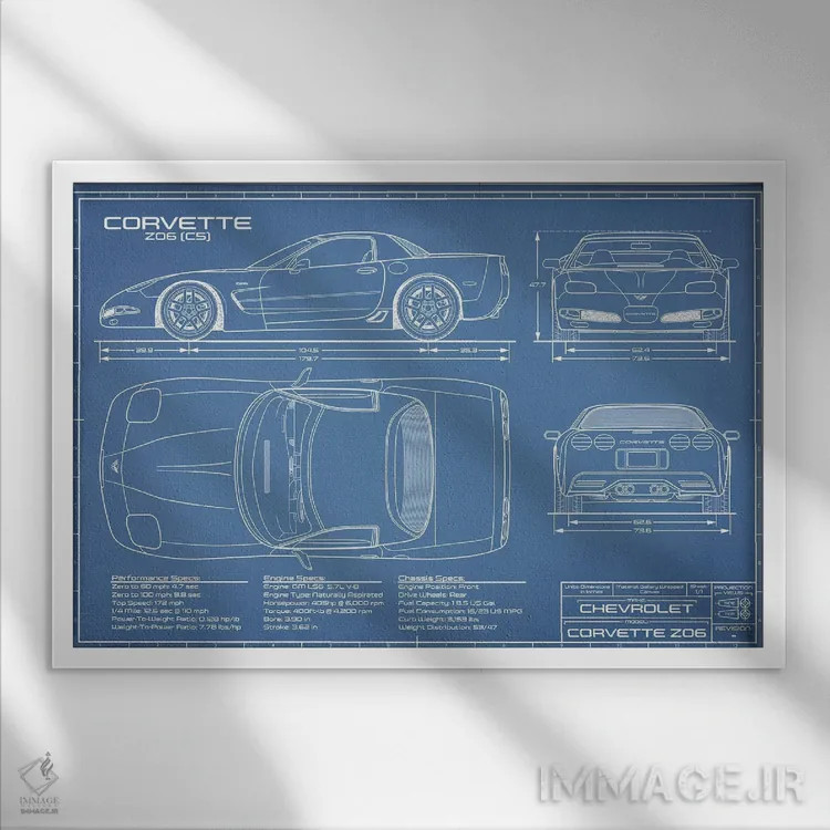 تابلو نقشهٔ کوروت Z06 (C5) اثر اکشن بلوپرینتس (نقشههای اکشن) - نمای قابدار سفید