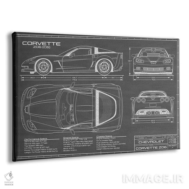 تابلو کوروت Z06 (C6) مشکی اثر اکشن بلوپرینتس (نقشههای اکشن) - نمای پرسپکتیو محصول