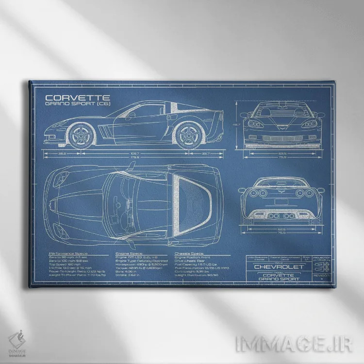 تابلو نقشهٔ کوروت گرند اسپرت (C6) اثر اکشن بلوپرینتس (نقشههای اکشن) - نمای روبهرو روی دیوار