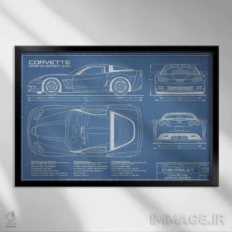 تابلو نقشهٔ کوروت گرند اسپرت (C6) اثر اکشن بلوپرینتس (نقشههای اکشن) - نمای قابدار مشکی