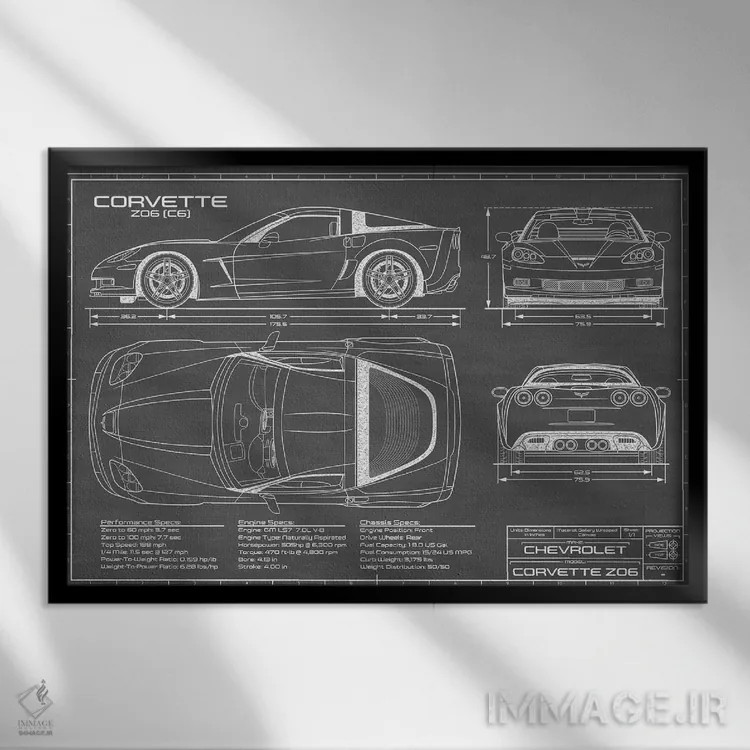 تابلو کوروت Z06 (C6) مشکی اثر اکشن بلوپرینتس (نقشههای اکشن) - نمای قابدار مشکی