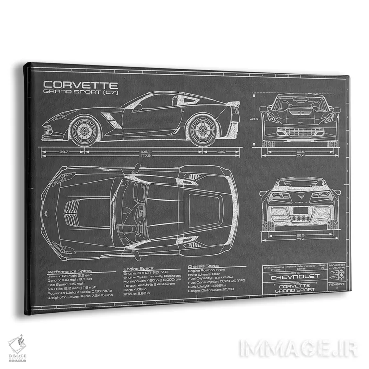 تابلو کوروت گرند اسپرت (C7) مشکی اثر اکشن بلوپرینتس (نقشههای اکشن) - نمای پرسپکتیو محصول