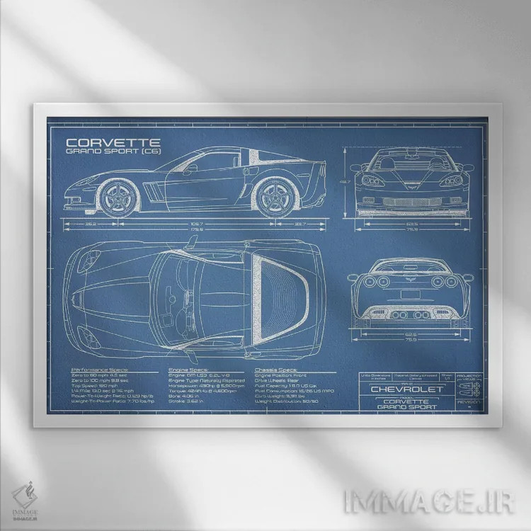 تابلو نقشهٔ کوروت گرند اسپرت (C6) اثر اکشن بلوپرینتس (نقشههای اکشن) - نمای قابدار سفید