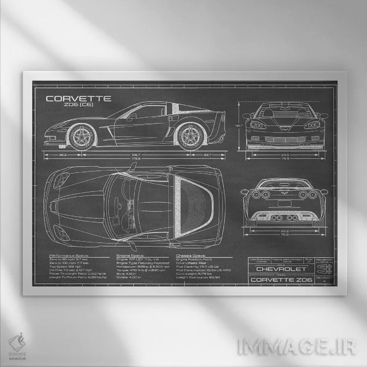تابلو کوروت Z06 (C6) مشکی اثر اکشن بلوپرینتس (نقشههای اکشن) - نمای قابدار سفید