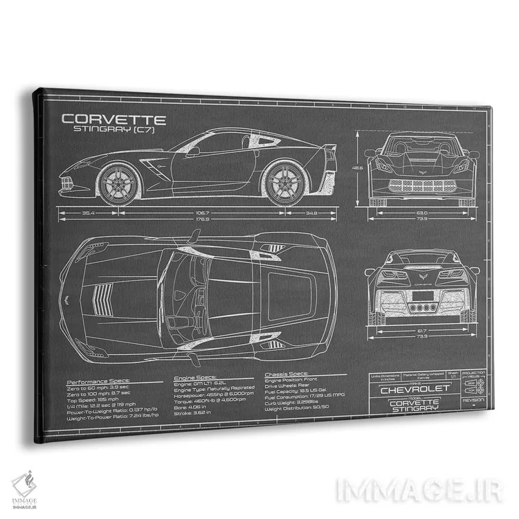 تابلو کوروت استینگری (C7) مشکی اثر اکشن بلوپرینتس (نقشههای اکشن) - نمای پرسپکتیو محصول