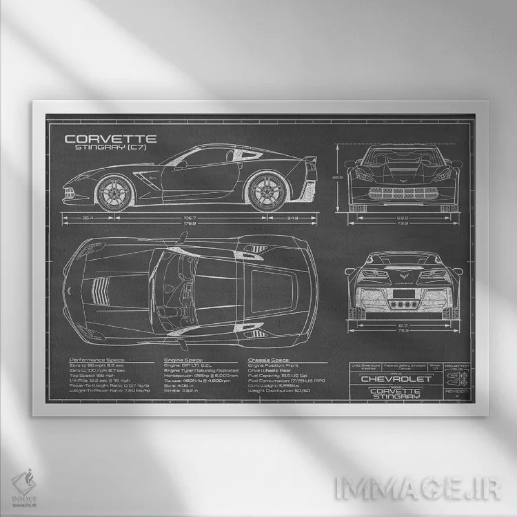 تابلو کوروت استینگری (C7) مشکی اثر اکشن بلوپرینتس (نقشههای اکشن) - نمای قابدار سفید