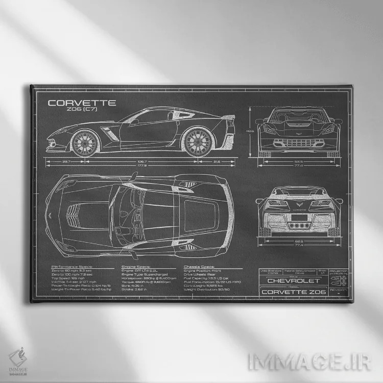تابلو کوروت Z06 (C7) مشکی اثر اکشن بلوپرینتس (نقشههای اکشن) - نمای روبهرو روی دیوار
