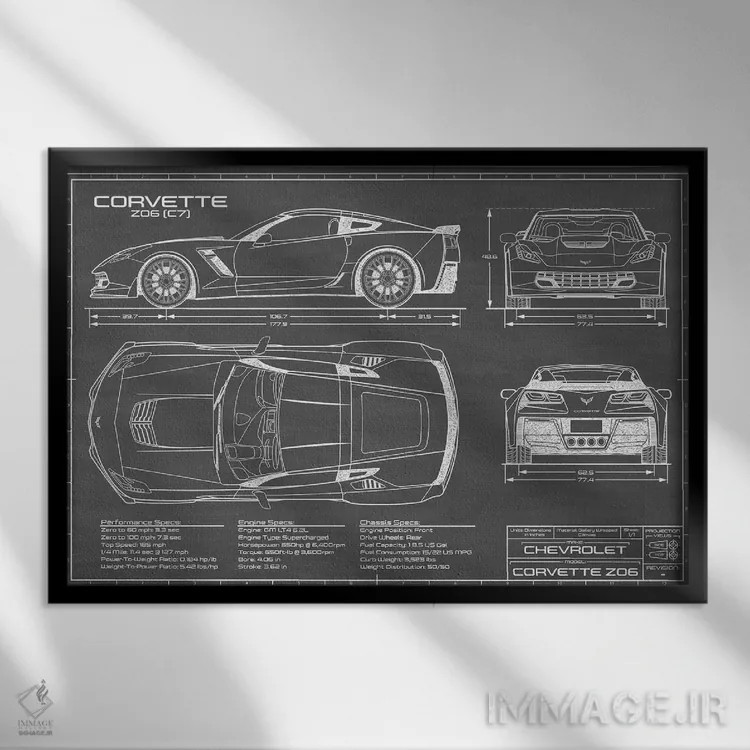 تابلو کوروت Z06 (C7) مشکی اثر اکشن بلوپرینتس (نقشههای اکشن) - نمای قابدار مشکی