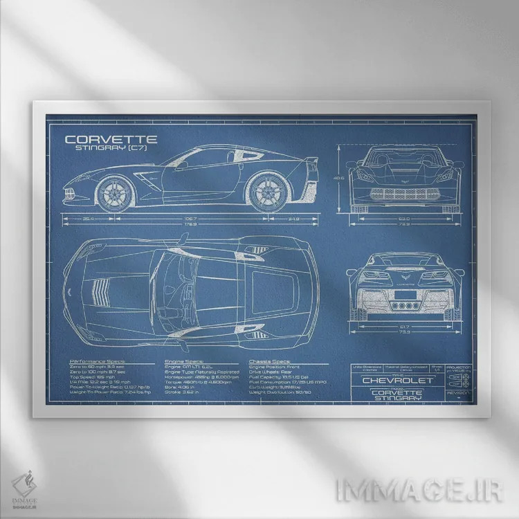 تابلو نقشهٔ کوروت استینگری (C7) اثر اکشن بلوپرینتس (نقشههای اکشن) - نمای قابدار سفید