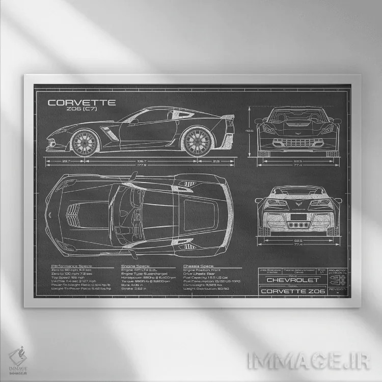 تابلو کوروت Z06 (C7) مشکی اثر اکشن بلوپرینتس (نقشههای اکشن) - نمای قابدار سفید