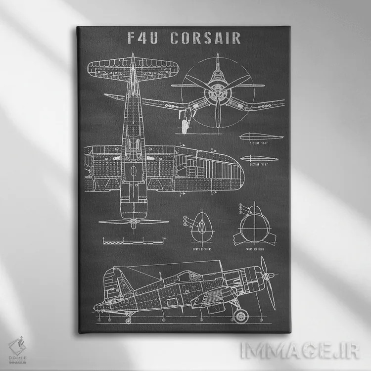 تابلو هواپیمای کلاسیک ناوی F4U کورسیر (مشکی) اثر اکشن بلوپرینتس (نقشههای اکشن) - نمای روبهرو روی دیوار