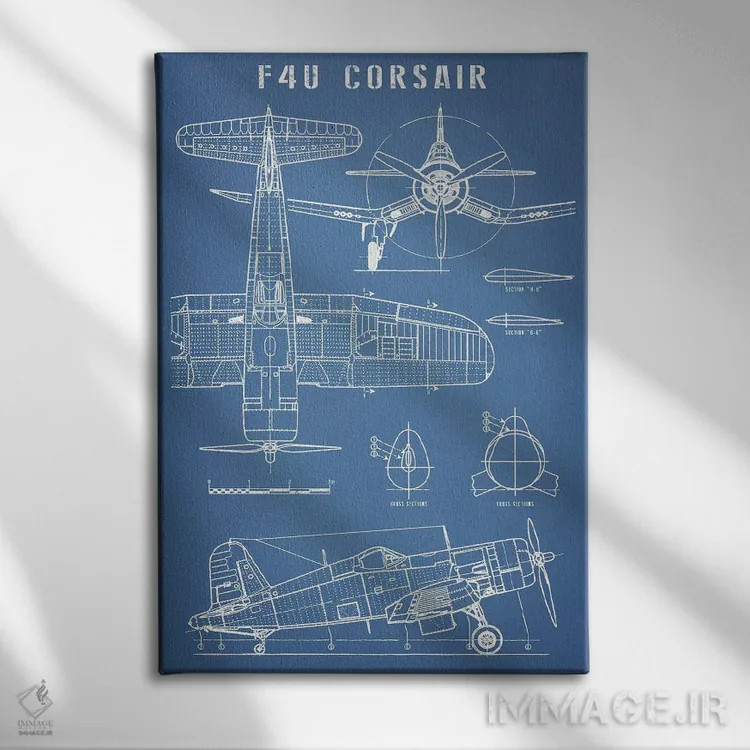 تابلو نقشهٔ هواپیمای کلاسیک ناوی F4U کورسیر اثر اکشن بلوپرینتس (نقشههای اکشن) - نمای روبهرو روی دیوار