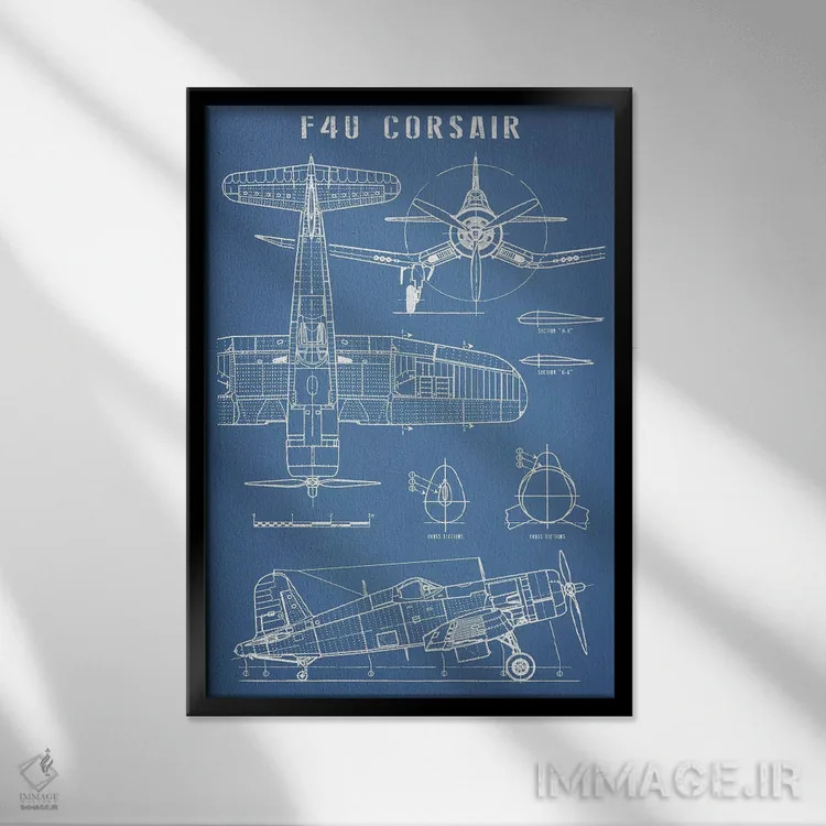 تابلو نقشهٔ هواپیمای کلاسیک ناوی F4U کورسیر اثر اکشن بلوپرینتس (نقشههای اکشن) - نمای قابدار مشکی