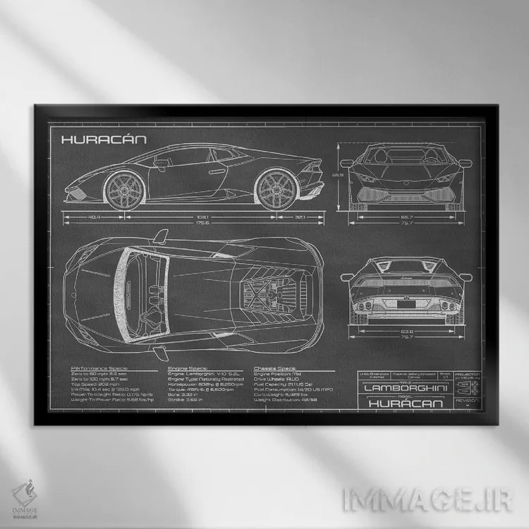تابلو لامبورگینی هوراکان LP 610-4 (مشکی) اثر اکشن بلوپرینتس (نقشههای اکشن) - نمای قابدار مشکی