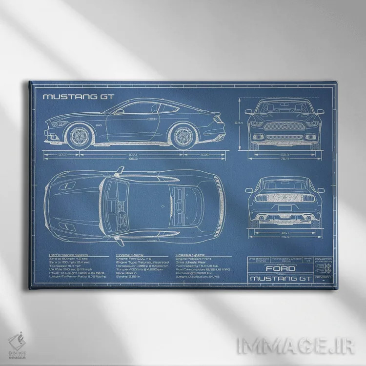 تابلو نقشهٔ موستانگ GT (۲۰۱۵-۲۰۱۷) اثر اکشن بلوپرینتس (نقشههای اکشن) - نمای روبهرو روی دیوار