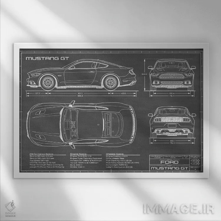 تابلو موستانگ GT (۲۰۱۵-۲۰۱۷) مشکی اثر اکشن بلوپرینتس (نقشههای اکشن) - نمای قابدار سفید
