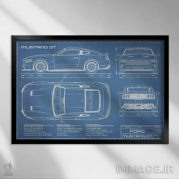 تابلو نقشهٔ موستانگ GT (۲۰۱۸-۲۰۲۰) اثر اکشن بلوپرینتس (نقشههای اکشن) - نمای قابدار مشکی