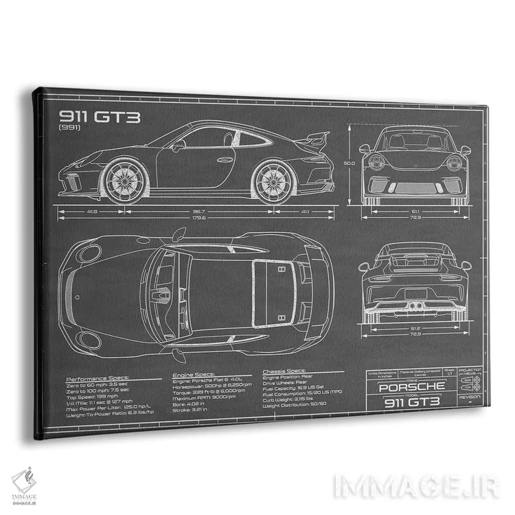 تابلو پورشه 911 GT3 (991) مشکی اثر اکشن بلوپرینتس (نقشههای اکشن) - نمای پرسپکتیو محصول