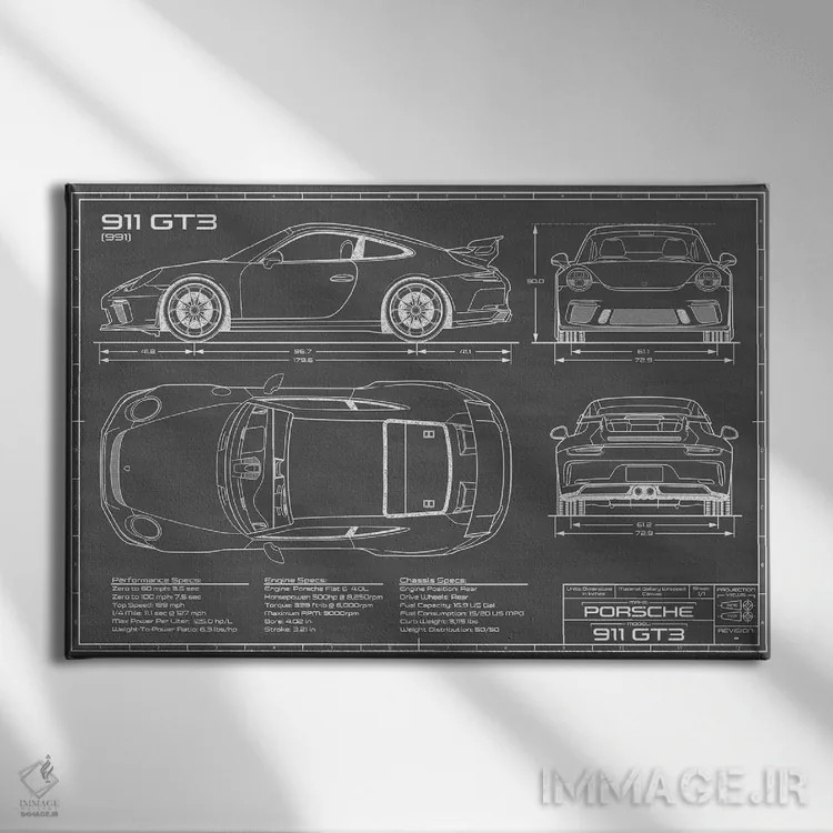 تابلو پورشه 911 GT3 (991) مشکی اثر اکشن بلوپرینتس (نقشههای اکشن) - نمای روبهرو روی دیوار
