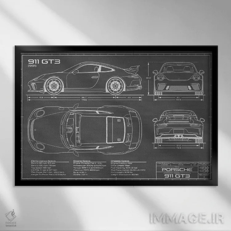 تابلو پورشه 911 GT3 (991) مشکی اثر اکشن بلوپرینتس (نقشههای اکشن) - نمای قابدار مشکی