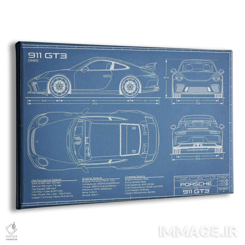 تابلو نقشهٔ پورشه 911 GT3 (991) اثر اکشن بلوپرینتس (نقشههای اکشن) - نمای پرسپکتیو محصول