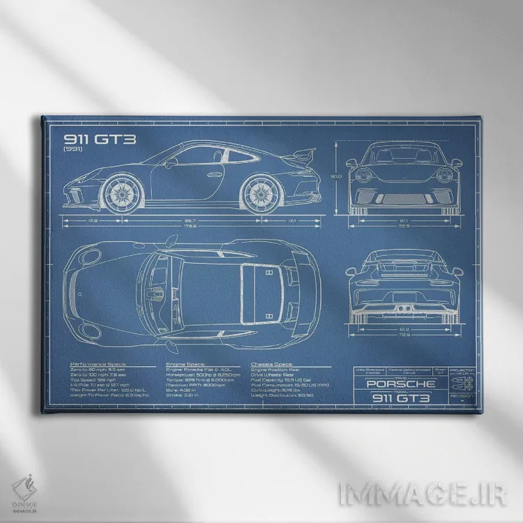 تابلو نقشهٔ پورشه 911 GT3 (991) اثر اکشن بلوپرینتس (نقشههای اکشن) - نمای روبهرو روی دیوار
