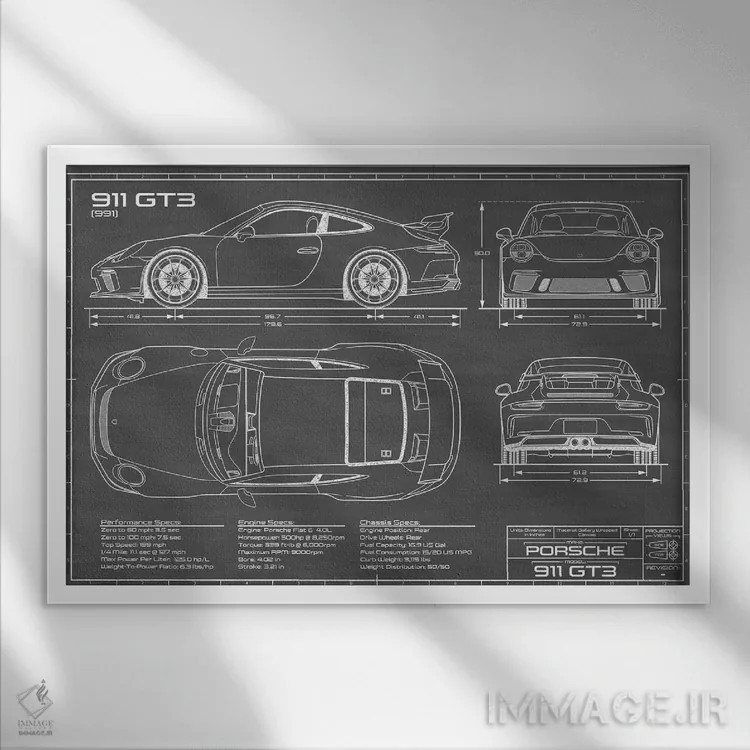 تابلو پورشه 911 GT3 (991) مشکی اثر اکشن بلوپرینتس (نقشههای اکشن) - نمای قابدار سفید