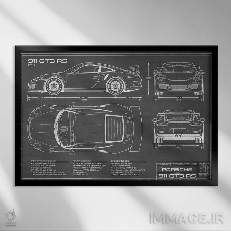 تابلو پورشه 911 GT3 RS (991) مشکی اثر اکشن بلوپرینتس (نقشههای اکشن) - نمای قابدار مشکی