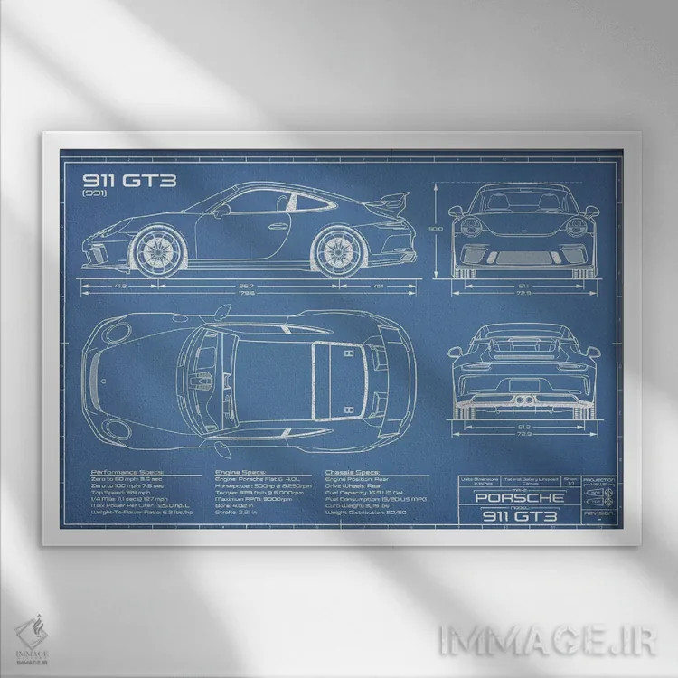 تابلو نقشهٔ پورشه 911 GT3 (991) اثر اکشن بلوپرینتس (نقشههای اکشن) - نمای قابدار سفید