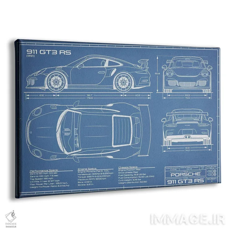 تابلو نقشهٔ پورشه 911 GT3 RS (991) اثر اکشن بلوپرینتس (نقشههای اکشن) - نمای پرسپکتیو محصول