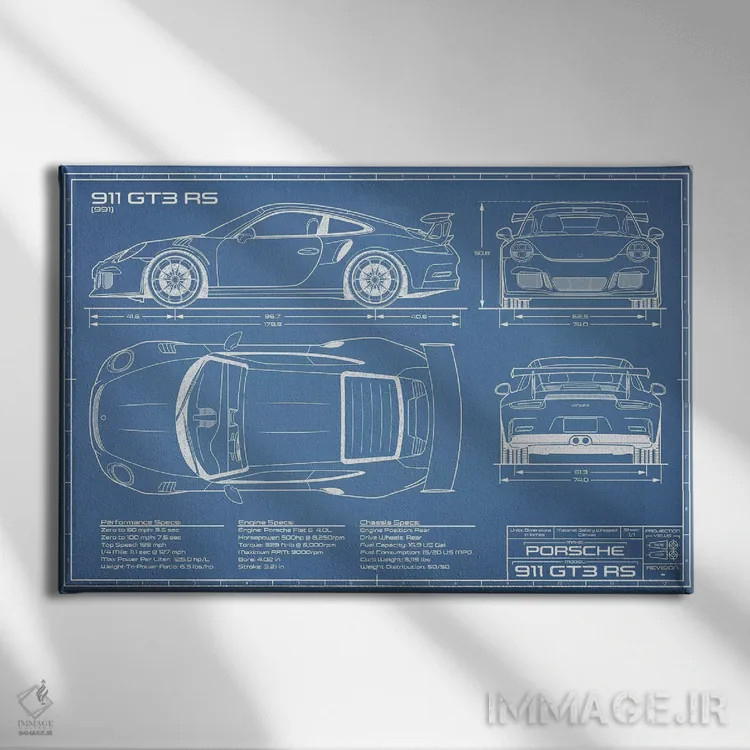تابلو نقشهٔ پورشه 911 GT3 RS (991) اثر اکشن بلوپرینتس (نقشههای اکشن) - نمای روبهرو روی دیوار