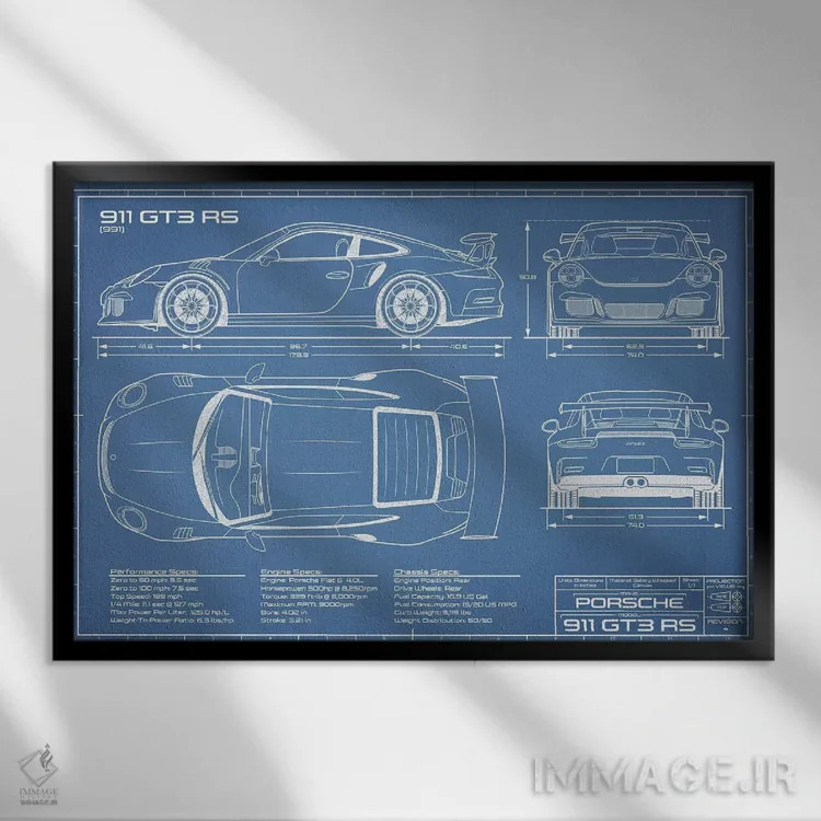 تابلو نقشهٔ پورشه 911 GT3 RS (991) اثر اکشن بلوپرینتس (نقشههای اکشن) - نمای قابدار مشکی