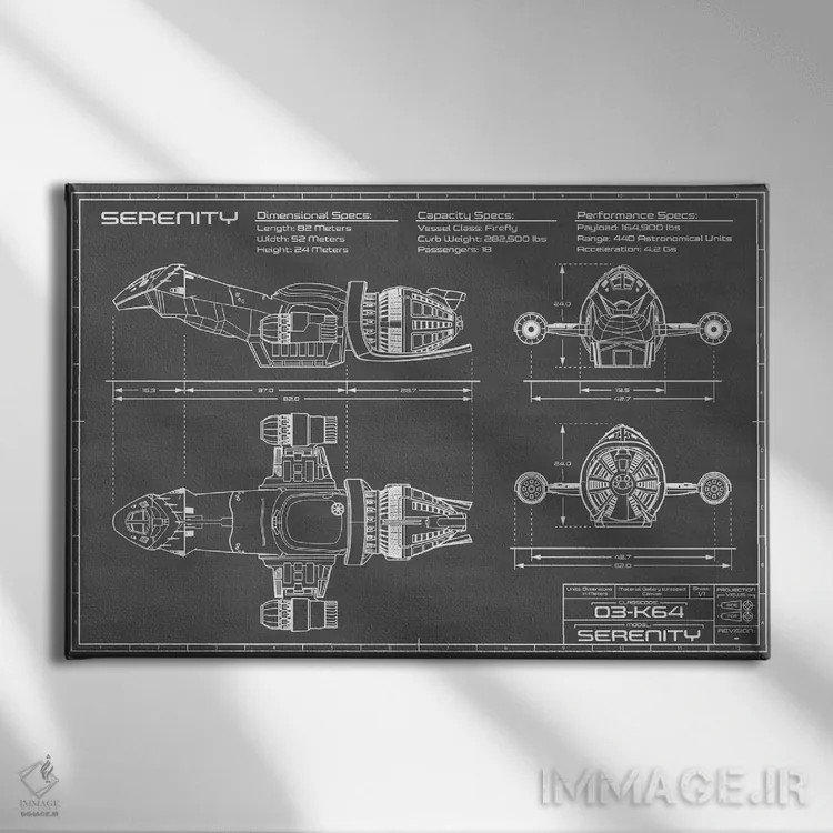 تابلو سفینهٔ Serenity Firefly (مشکی) اثر اکشن بلوپرینتس (نقشههای اکشن) - نمای روبهرو روی دیوار