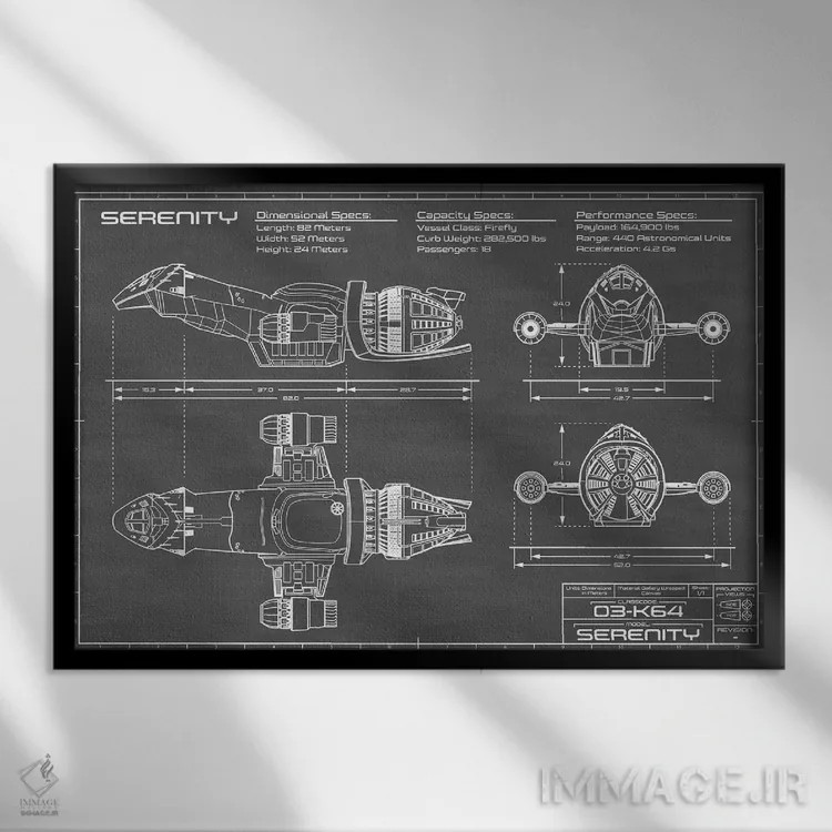 تابلو سفینهٔ Serenity Firefly (مشکی) اثر اکشن بلوپرینتس (نقشههای اکشن) - نمای قابدار مشکی