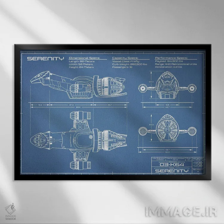 تابلو نقشهٔ سفینه Serenity Firefly اثر اکشن بلوپرینتس (نقشههای اکشن) - نمای قابدار مشکی