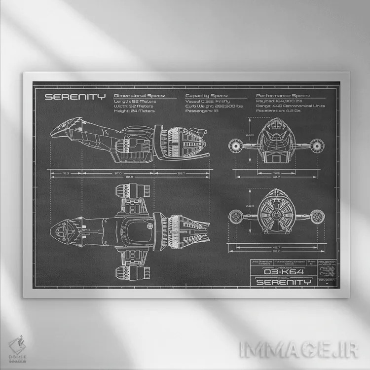 تابلو سفینهٔ Serenity Firefly (مشکی) اثر اکشن بلوپرینتس (نقشههای اکشن) - نمای قابدار سفید