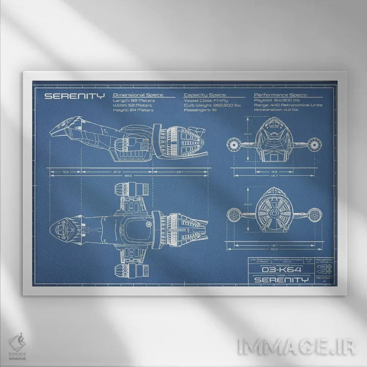 تابلو نقشهٔ سفینه Serenity Firefly اثر اکشن بلوپرینتس (نقشههای اکشن) - نمای قابدار سفید