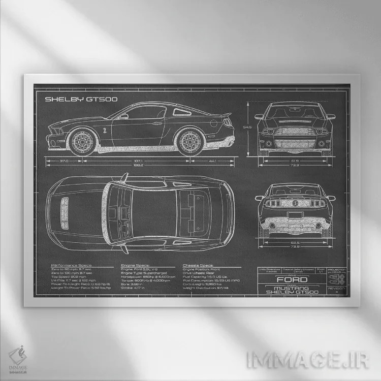 تابلو شلبی GT500 (۲۰۱۳-۲۰۱۴) مشکی اثر اکشن بلوپرینتس (نقشههای اکشن) - نمای قابدار سفید