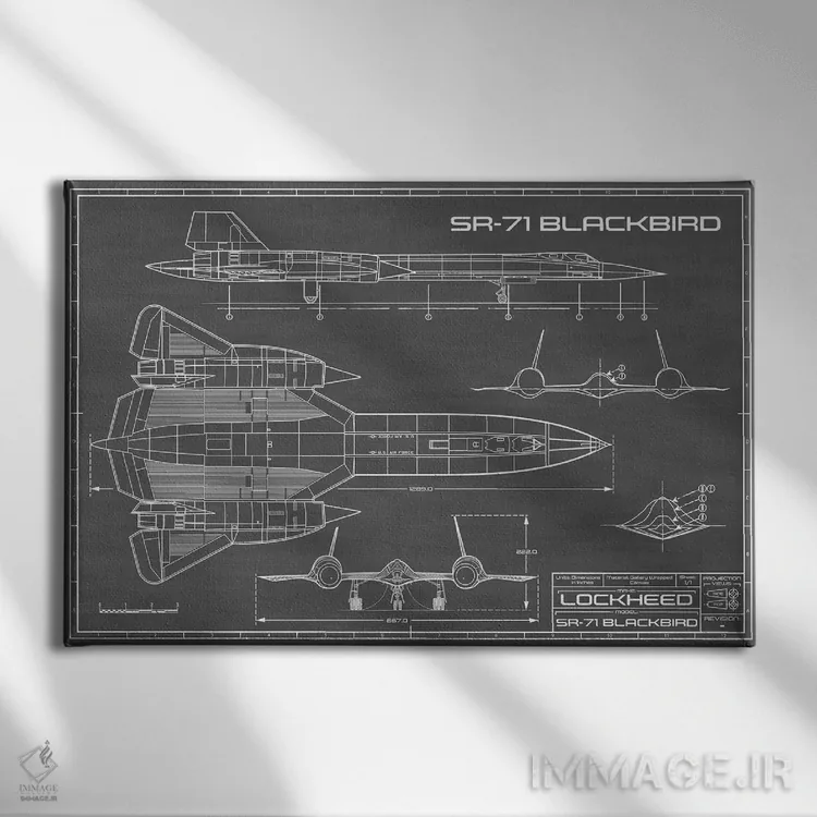تابلو هواپیمای جاسوسی SR-71 بلکبرد (مشکی) اثر اکشن بلوپرینتس (نقشههای اکشن) - نمای روبهرو روی دیوار