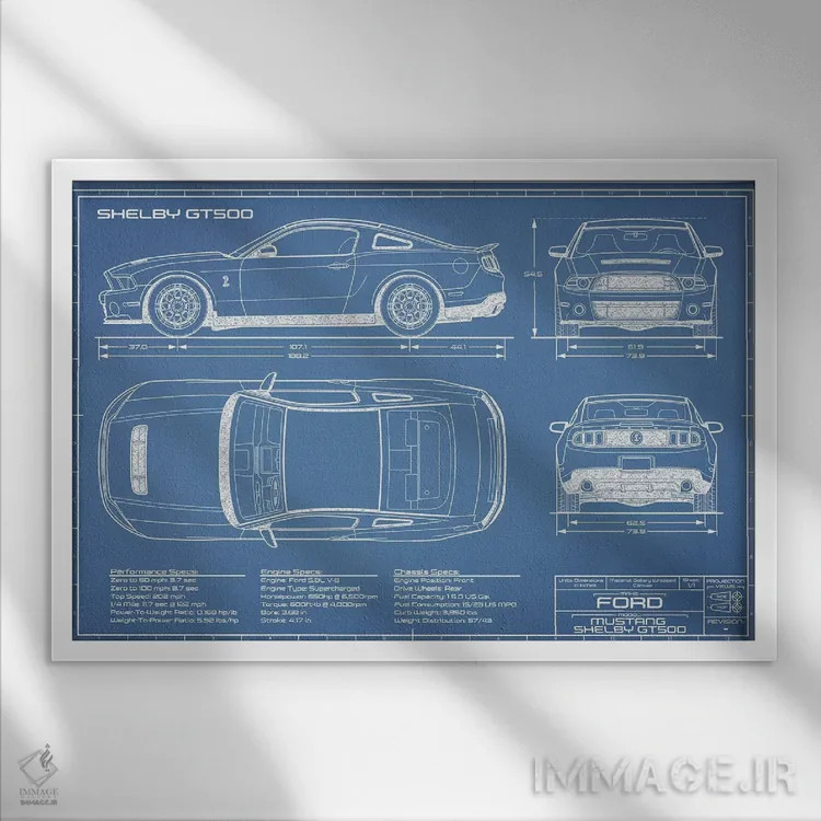 تابلو نقشهٔ شلبی GT500 (۲۰۱۳-۲۰۱۴) اثر اکشن بلوپرینتس (نقشههای اکشن) - نمای قابدار سفید