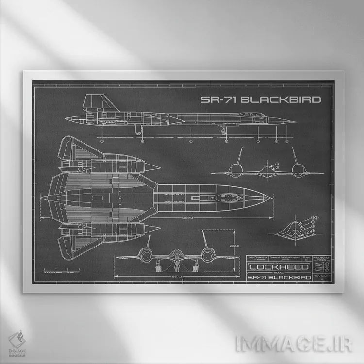 تابلو هواپیمای جاسوسی SR-71 بلکبرد (مشکی) اثر اکشن بلوپرینتس (نقشههای اکشن) - نمای قابدار سفید
