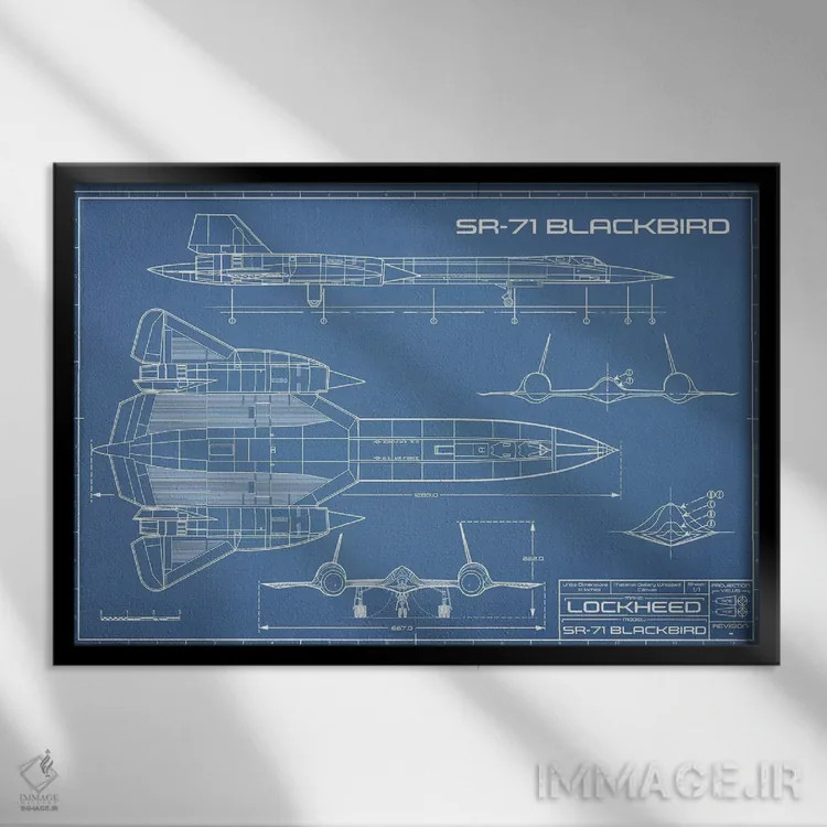 تابلو نقشهٔ هواپیمای جاسوسی SR-71 بلکبرد اثر اکشن بلوپرینتس (نقشههای اکشن) - نمای قابدار مشکی