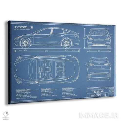 تابلو نقشهٔ تسلا مدل ۳ (Long Range RWD) اثر اکشن بلوپرینتس (نقشههای اکشن) - نمای پرسپکتیو محصول