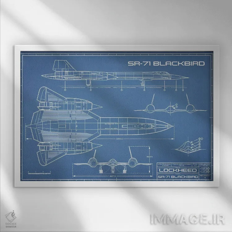 تابلو نقشهٔ هواپیمای جاسوسی SR-71 بلکبرد اثر اکشن بلوپرینتس (نقشههای اکشن) - نمای قابدار سفید