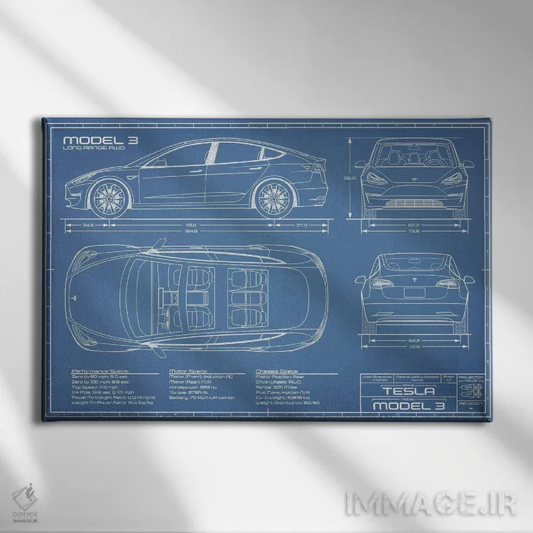 تابلو نقشهٔ تسلا مدل ۳ (Long Range RWD) اثر اکشن بلوپرینتس (نقشههای اکشن) - نمای روبهرو روی دیوار